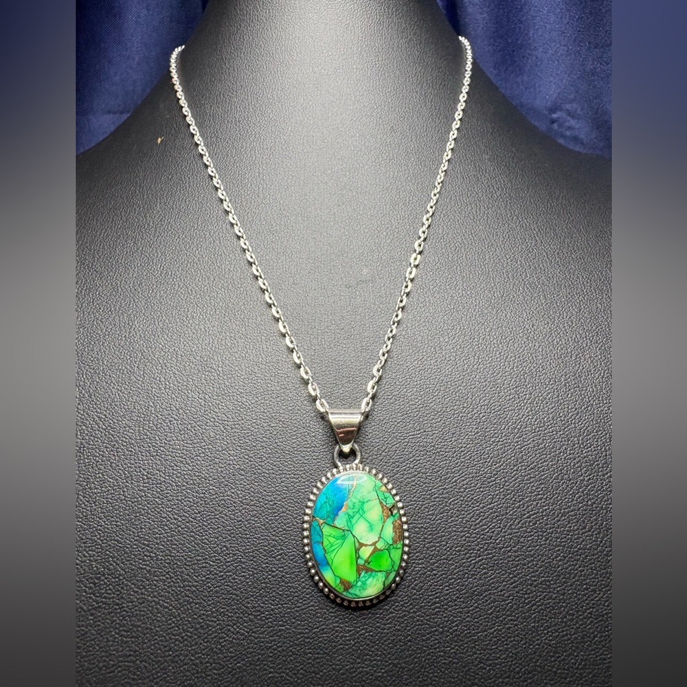 Pendant Peacock Dahlia Turquoise 925 Sterling Silver Oval Statement Necklace - Picture 3 of 8